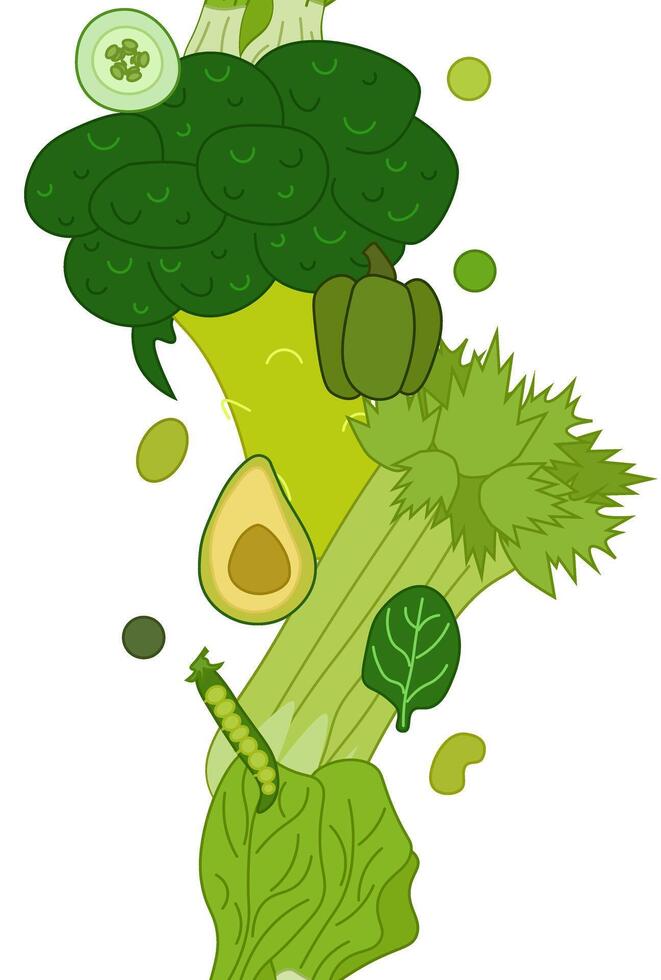 Green vegetables seamless vertical border. flat illustration for food design, recipe, cook book, packages, menu, food ads and decor Eat green vector