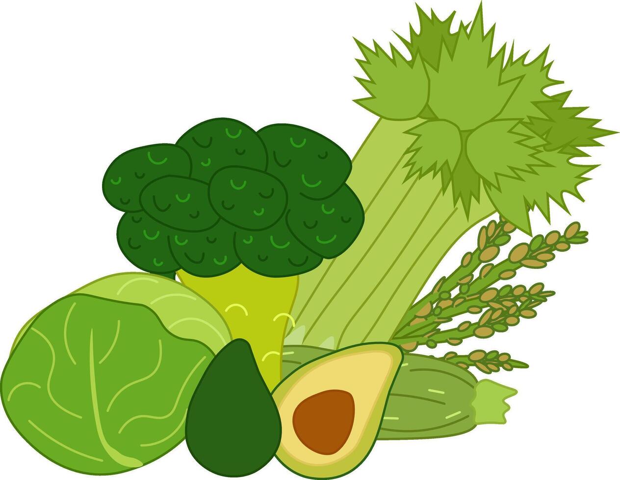 Green veggies composition broccoli, avocado, cabbage, zucchini, illustration with vegetables isolated on white background. flat food set for your design. For logo, package, sticker. Eat green vector