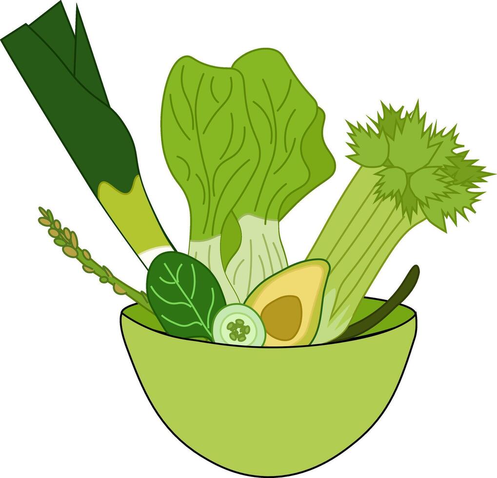 Bowl of salad green vegetables on a white background. flat illustration, art for food design, recipe, cook book, packages, menu, food ads and decor Eat green vector