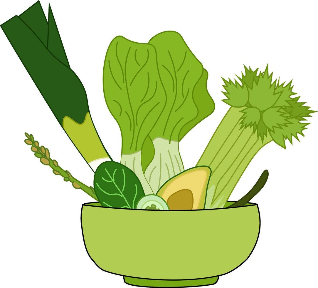 Salad bowl with bock choi, cucumber, zucchini, and other green vegetables. flat composition for printed or web graphic, for infographics to illustrate healthy lifestyle or vegan, vegetarian vector