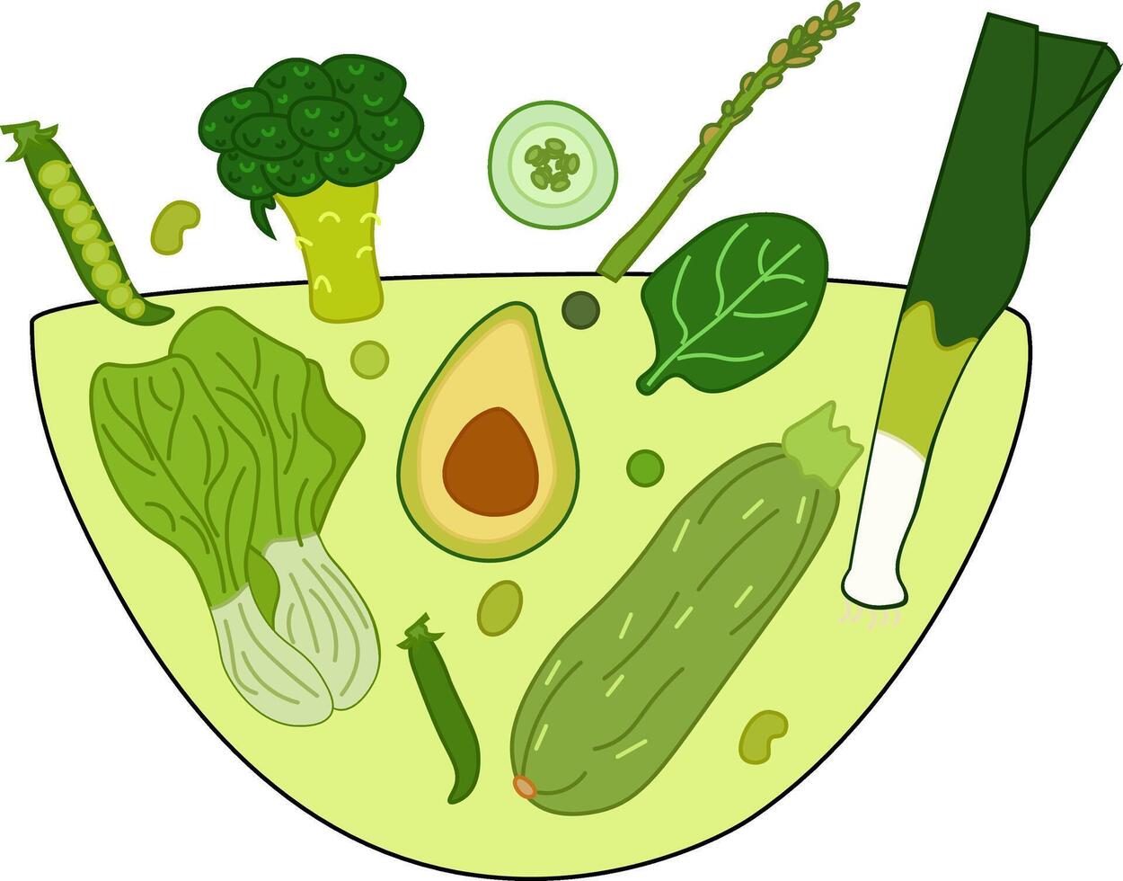 Green salad of fresh green vegetables broccoli, avocado, bok choi in a salad bowl. flat isolated on a white background. For logo, web, package, sticker. Eat green vector