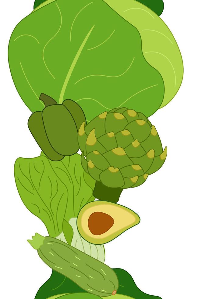 Green vegetable seamless vertical border. flat Fresh organic veggie print for kitchen, menu, food package design with cabbage, zucchini, celery. Eat green vector