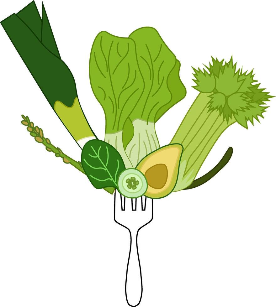 Vegan Food green veggies on fork. Flat composition Healthy Eating And Plant Based Diet. Vegetarian Nutrition Concept. For logo, web, package, sticker. Eat green vector