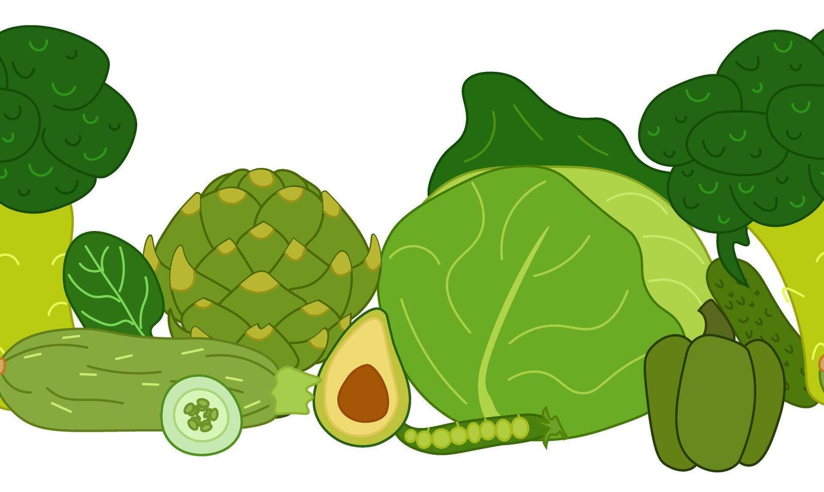 Green vegetables seamless horizontal border. flat illustration for food design, recipe, cook book, packages, menu, food ads and decor Eat green vector