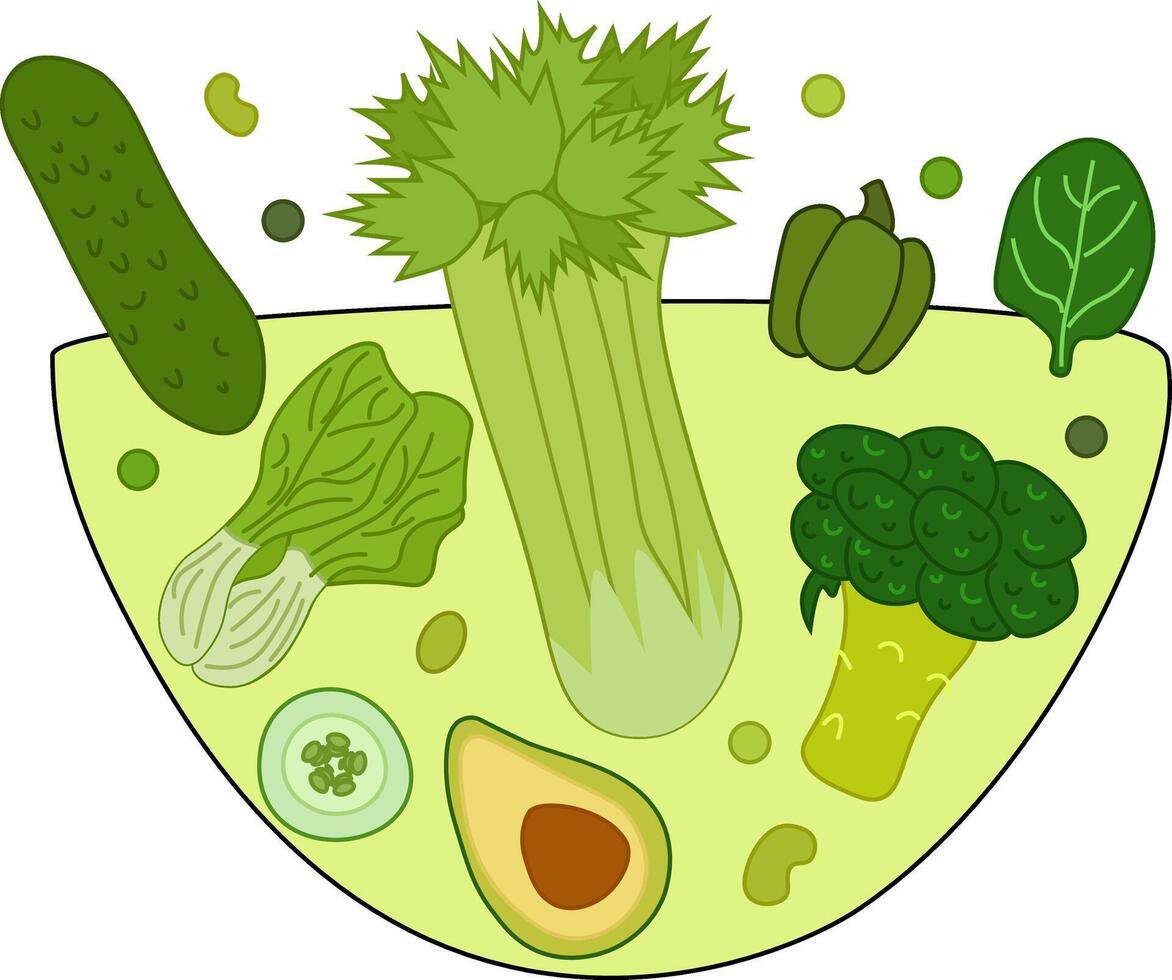 Green vegetables in bowl composition. flat bowl with fresh vegetables and greens. Vegetable background for banners, print for fabric, labels, t-shirt printing. Eat green vector