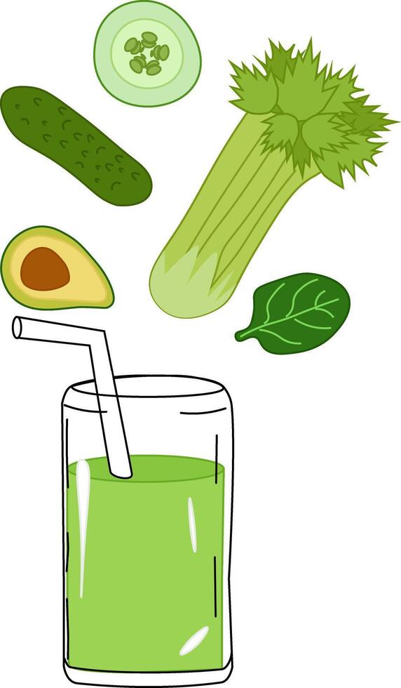 Green vegetable smoothie juice. flat illustration composition with green jar and vegetables. illustration for package, kitchen design, fabric and textile. Eat green vector