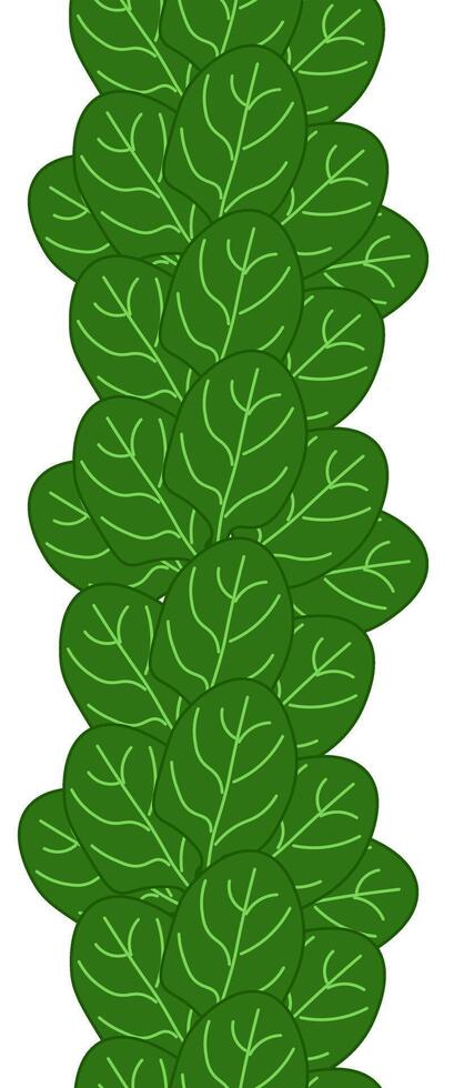 Green spinach leaves seamless vertical border leafy vegetables frame, boxing, bordering. card template. flat illustration banners, print for fabric, labels, t-shirt printing. Eat green vector