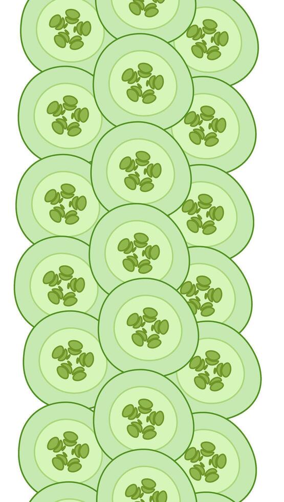 Cucumber slice vertical seamless border. flat illustration Natural healthy organic food Flat isolated on a white background. Ideal for menu, package, cosmetic, textile, cards Eat green vector