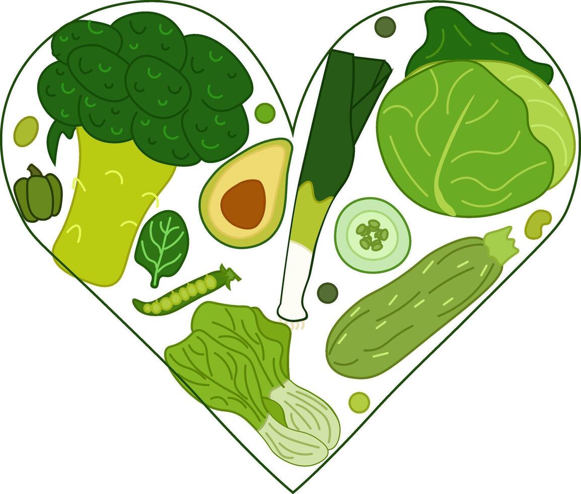 Heart of vegetables flat composition. Healthy food illustration background. Ideal for menu, package, cosmetic, textile, cards Eat green vector