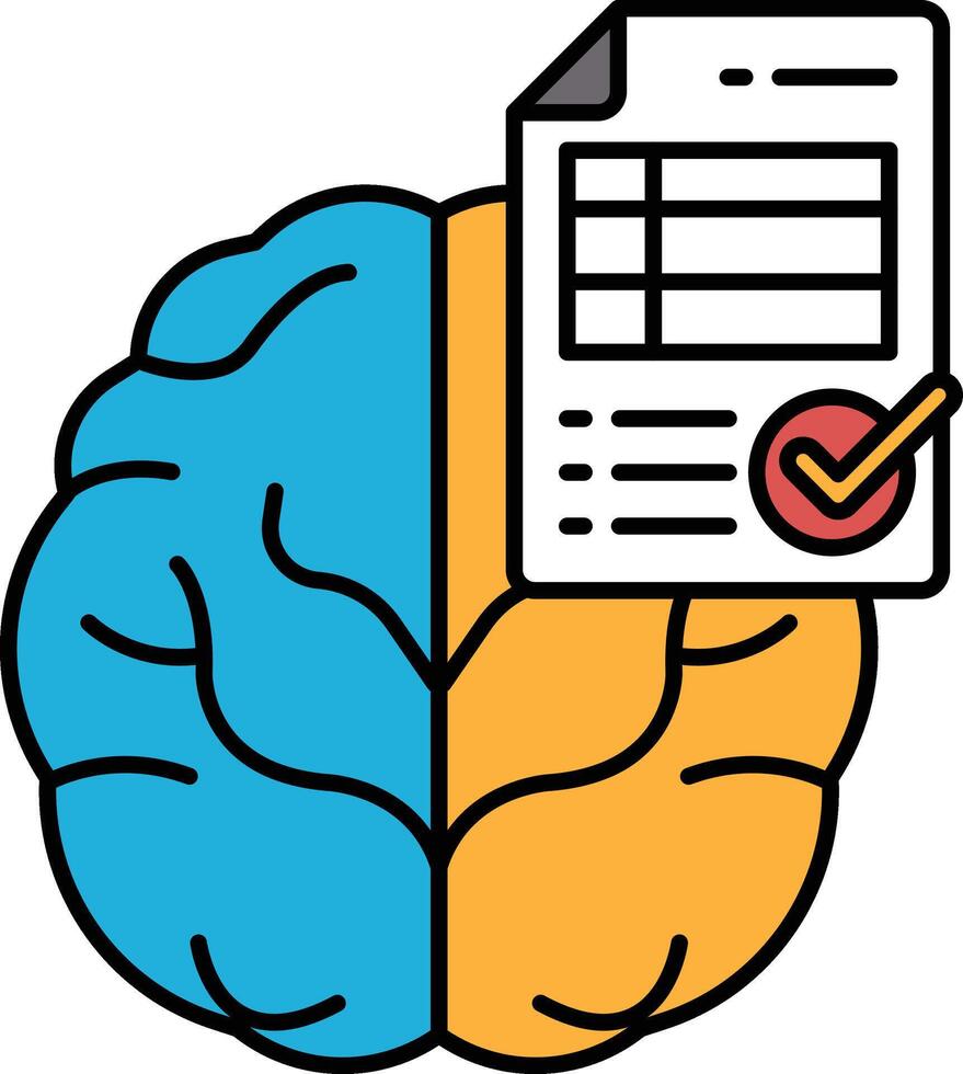 A brain with a check mark on it is next to a piece of paper vector