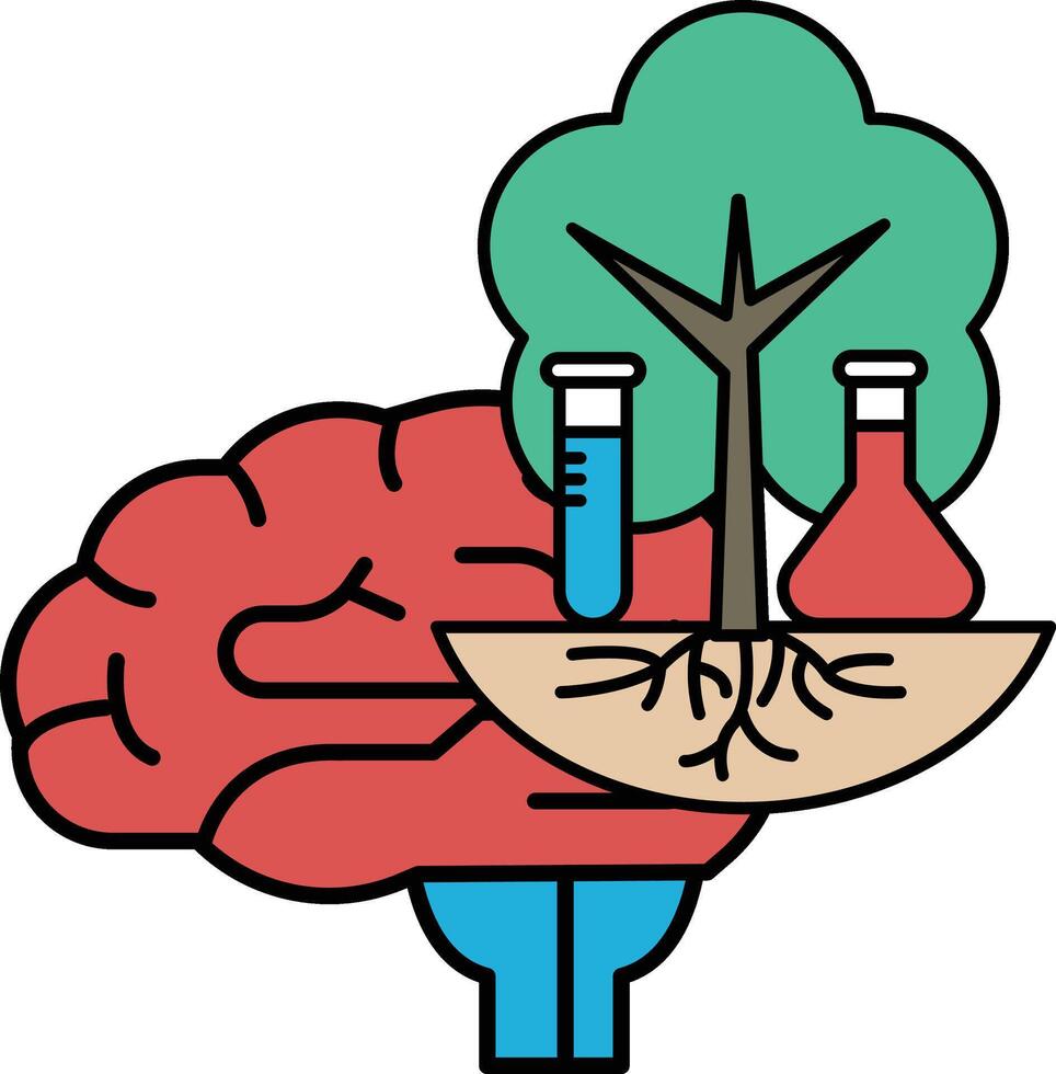 A brain is surrounded by a tree and a few test tubes vector