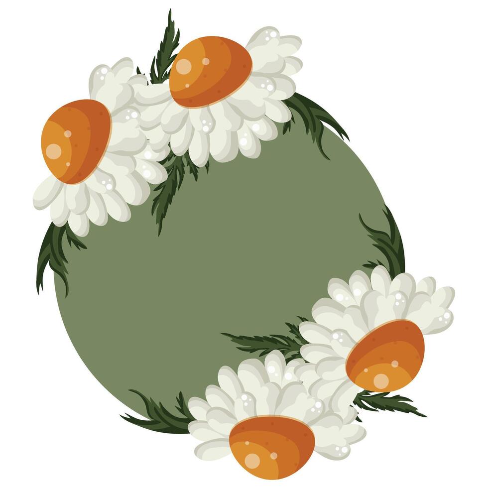 floral frame with open white daisies and green leaves and a green circle in the middle, for greeting cards and designs vector