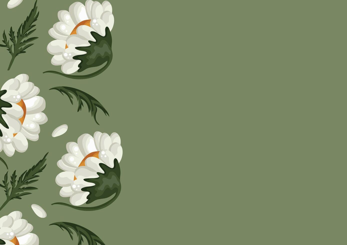 floral poster with half-closed buds of a large white daisy and green leaves on a green background, placed sideways vector
