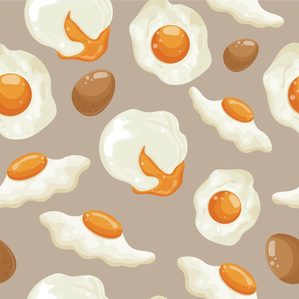 seamless pattern with various cooked chicken eggs, namely fried, boiled and eggs with liquid yolk on a brown background, for various advertising banners and advertisements vector