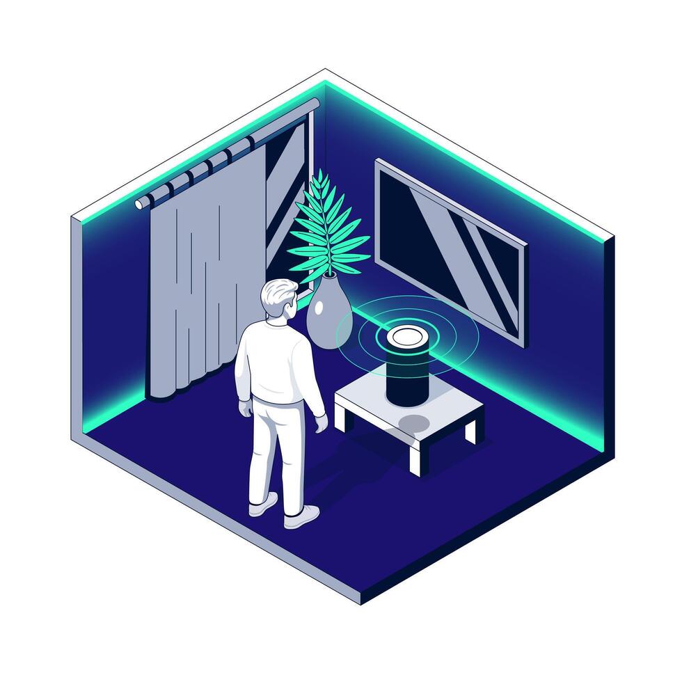 AI Powered Smart Home with Glowing Ambient Light Effects. Man uses a smart Backlight at Night. Isometric led backlight. illustration vector