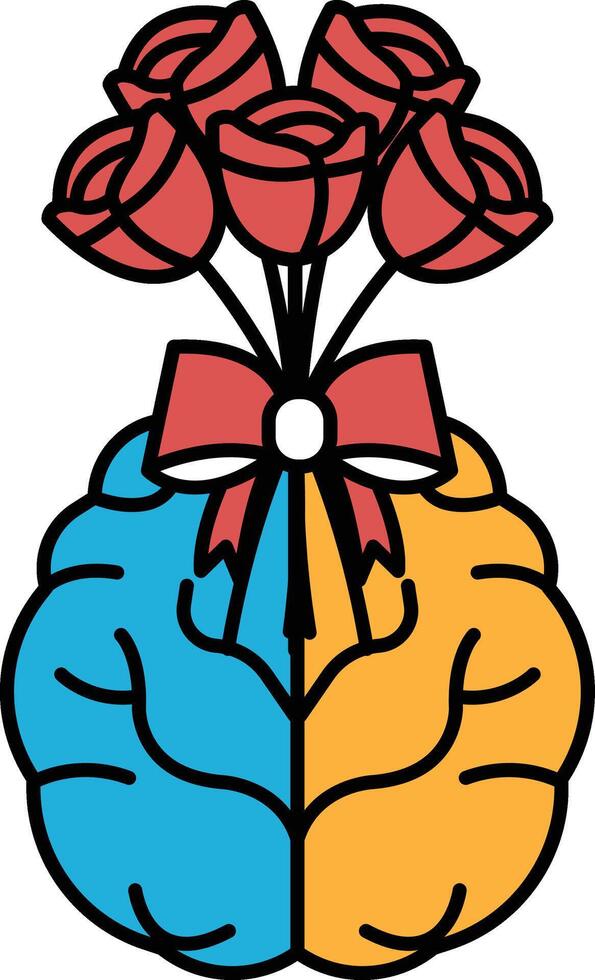 A brain with a bouquet of red roses in the center vector