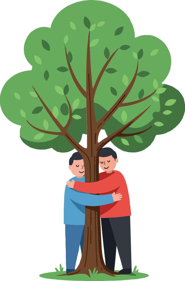 Two children hugging a large green tree in a joyful flat illustration vector