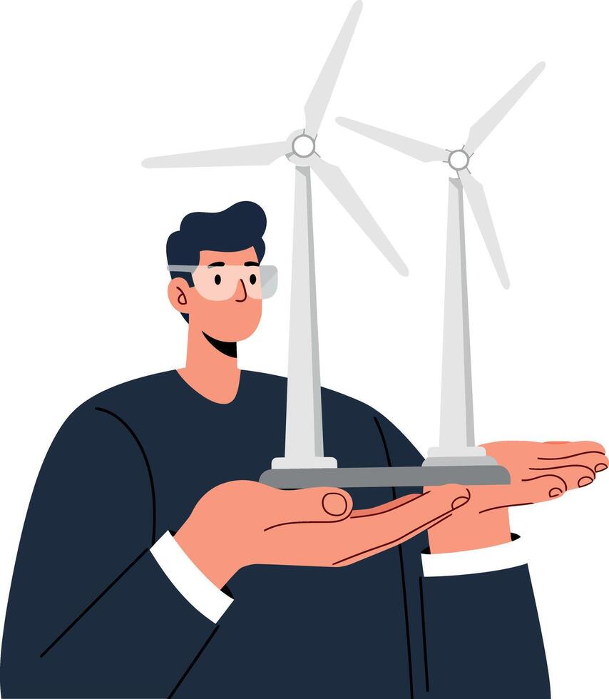 A man holding two wind turbines in his hands, minimal style illustration showcasing renewable energy and environmental awareness vector