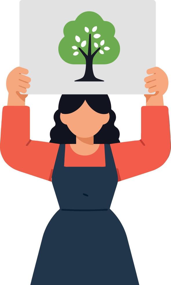 Woman holding a sign with a tree illustration in flat art style vector