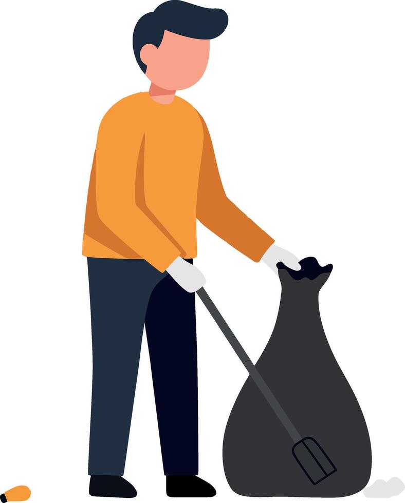 Person in orange shirt collecting trash into a black bag in flat art vector