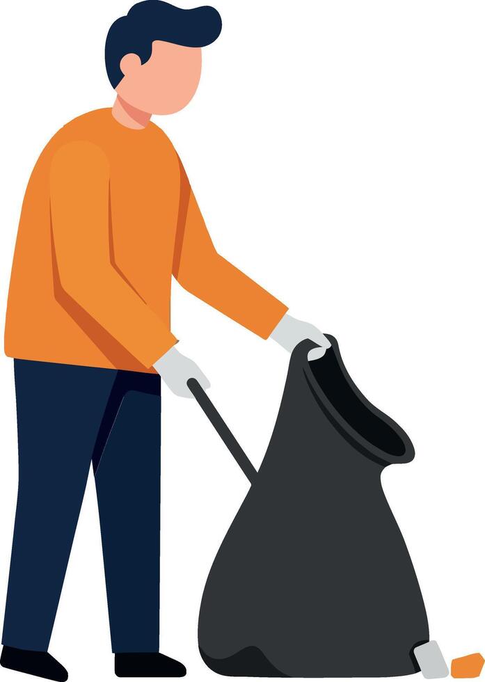 A man cleaning up litter in an urban setting using a garbage bag in flat art vector