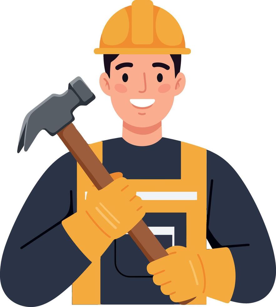 Construction worker smiling while holding a hammer in flat art vector