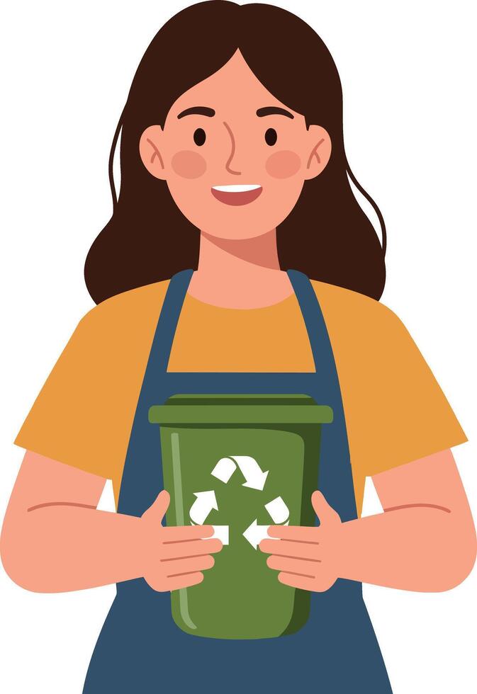 Young woman smiling while holding a green recycling bin in a flat vector
