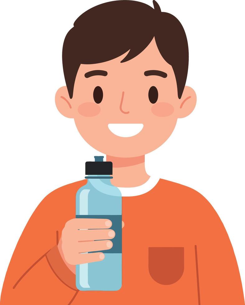 Young boy smiling while holding a water bottle in a casual outfit, flat illustration vector