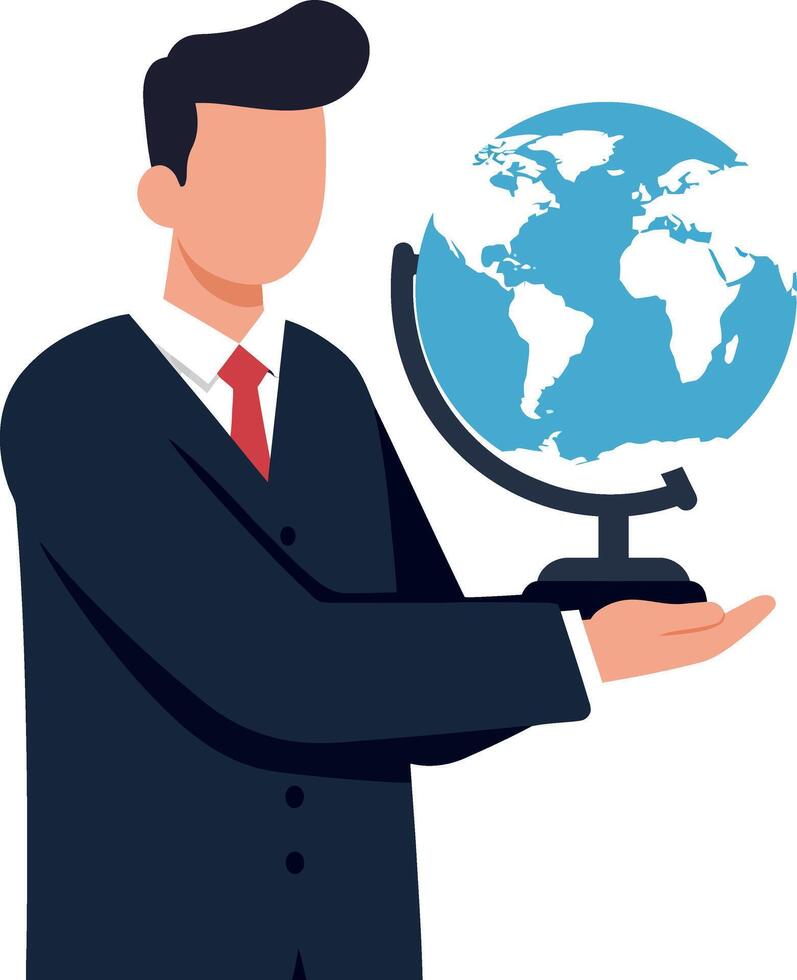 Businessman holding a globe with a professional demeanor in flat art style vector