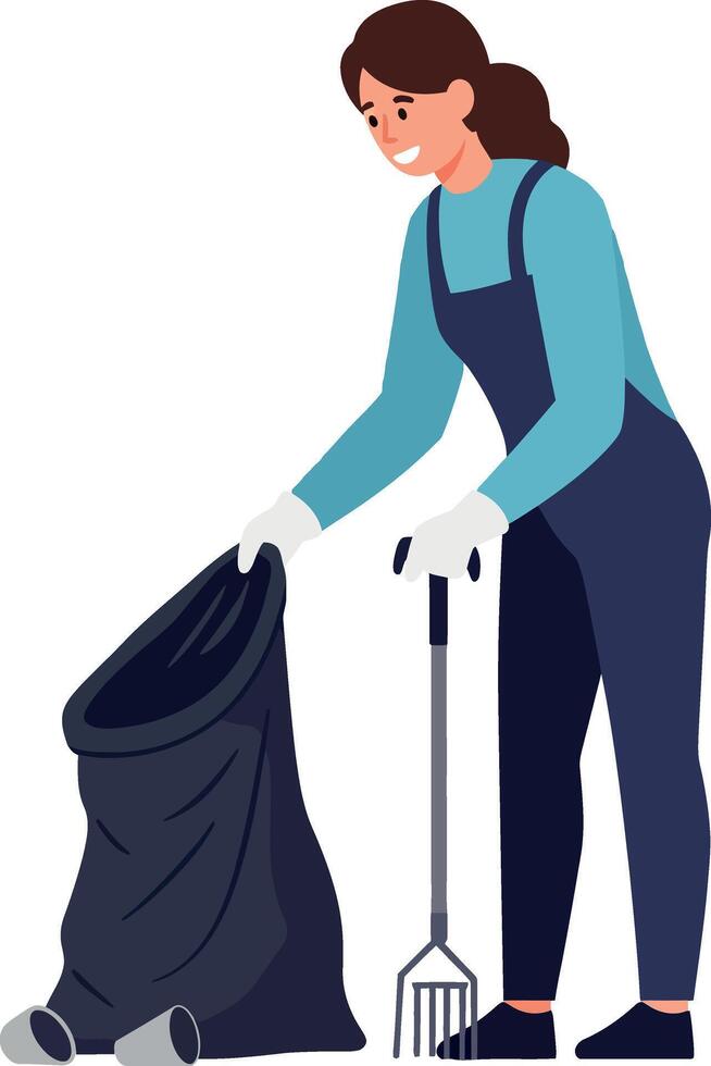 Woman cleaning up litter with a trash bag and rake in a flat illustration vector