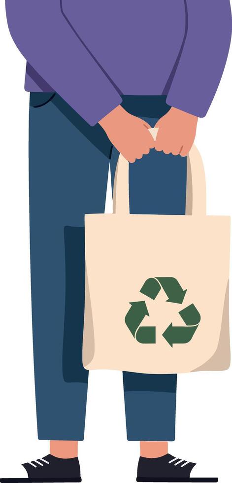 A person holding a reusable tote bag with a recycling symbol in a minimal flat illustration vector