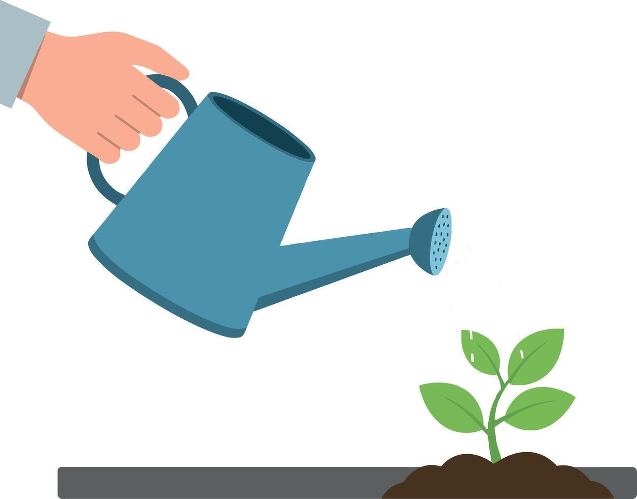 Hand watering a small green plant with a blue watering can in flat vector