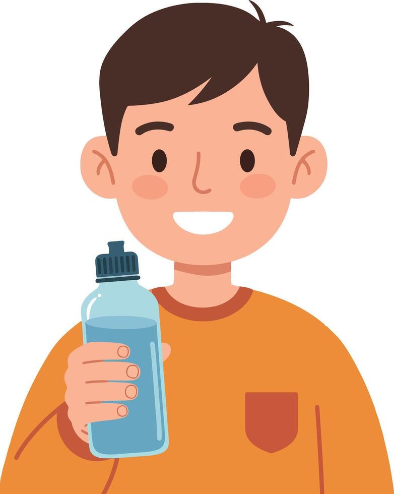 A smiling boy holding a water bottle in a casual orange shirt, flat art vector
