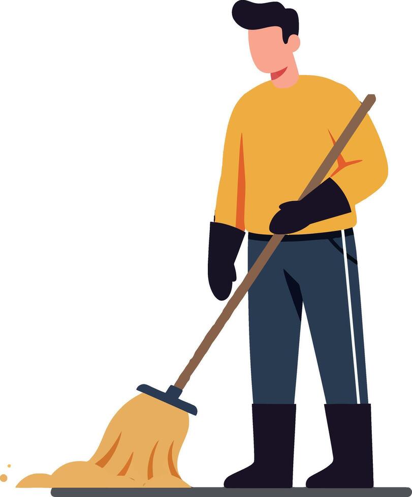 A man cleaning the floor with a broom in a bright yellow shirt, flat art vector
