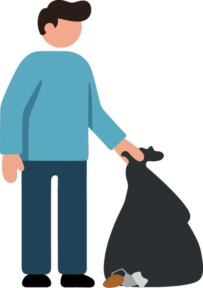 Person in blue shirt holding a black garbage bag in a minimal illustration vector