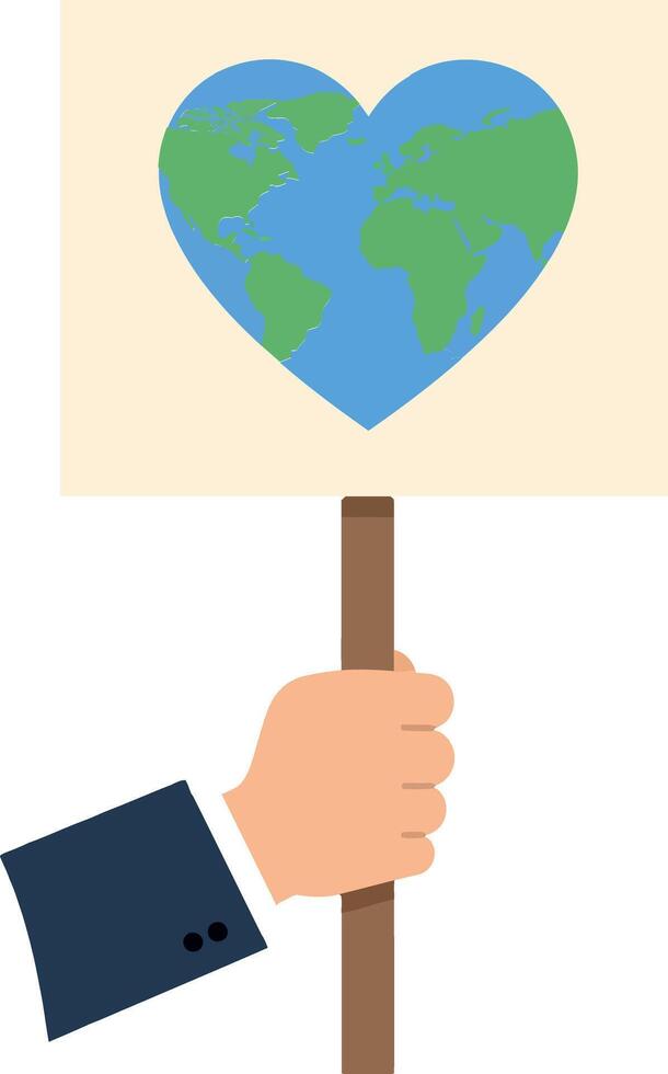 Hand holding sign with heart-shaped Earth illustration in flat art style vector