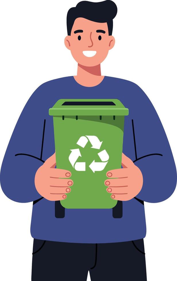 Young man smiling while holding a green recycling bin in a flat illustration vector