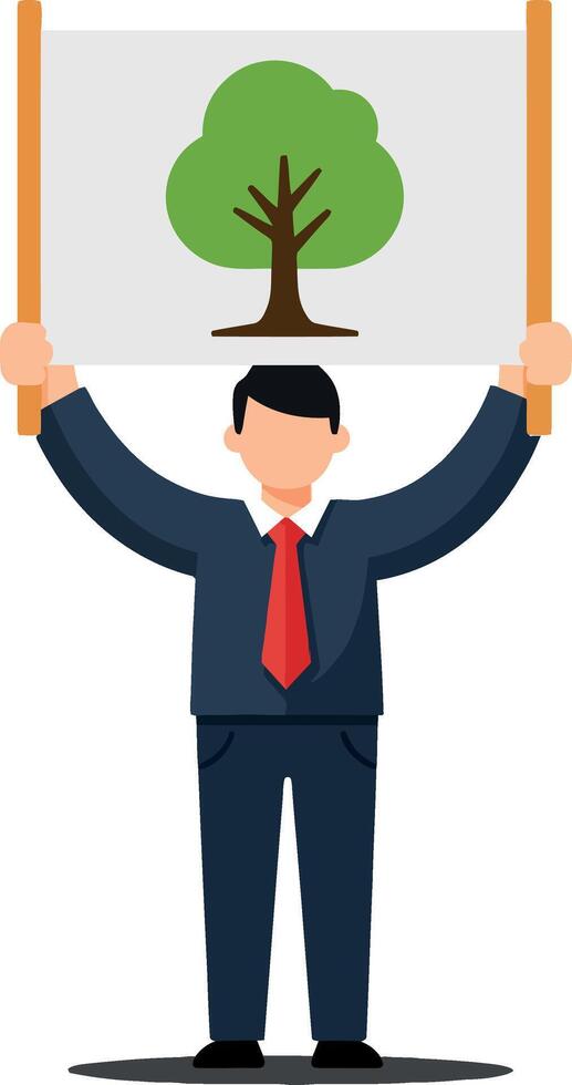 Businessman holding a sign with a tree symbol in minimal flat art vector