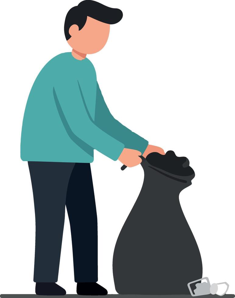 A man collecting trash in a black bag while cleaning a public space in flat art vector
