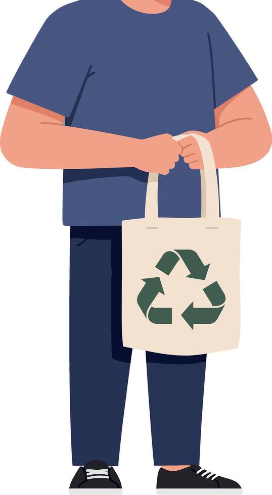 Person holding a reusable shopping bag with recycling symbol in flat art vector