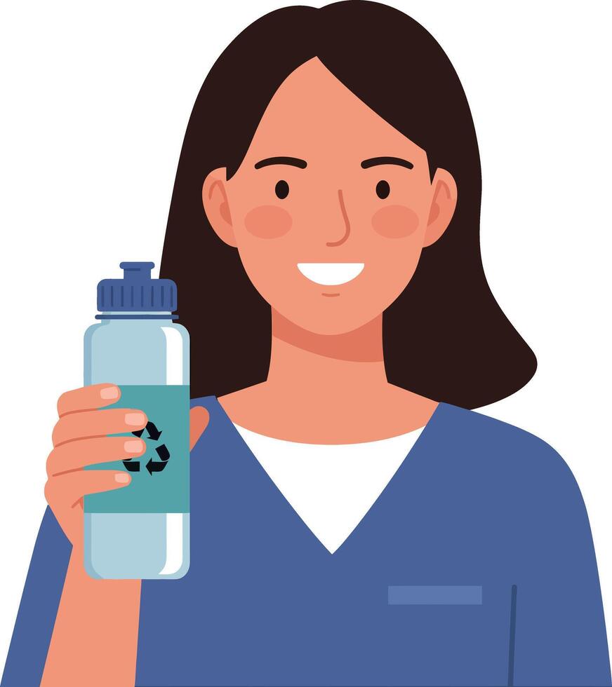 Smiling woman holding a reusable water bottle in a casual setting, minimal art vector