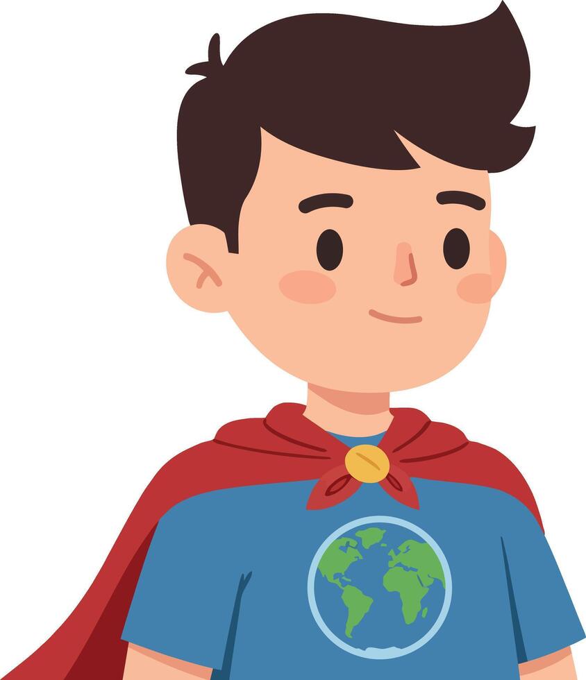 Young boy wearing a superhero cape with a globe emblem in a flat illustration vector