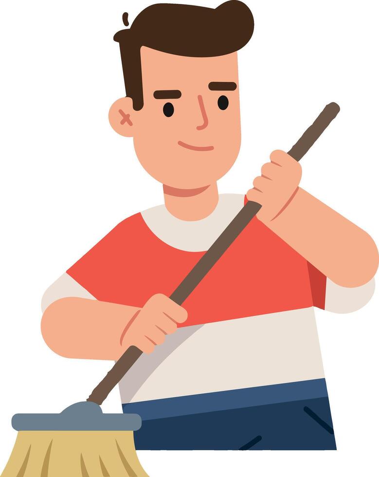 Young man cleaning the floor with a broom in flat art style vector