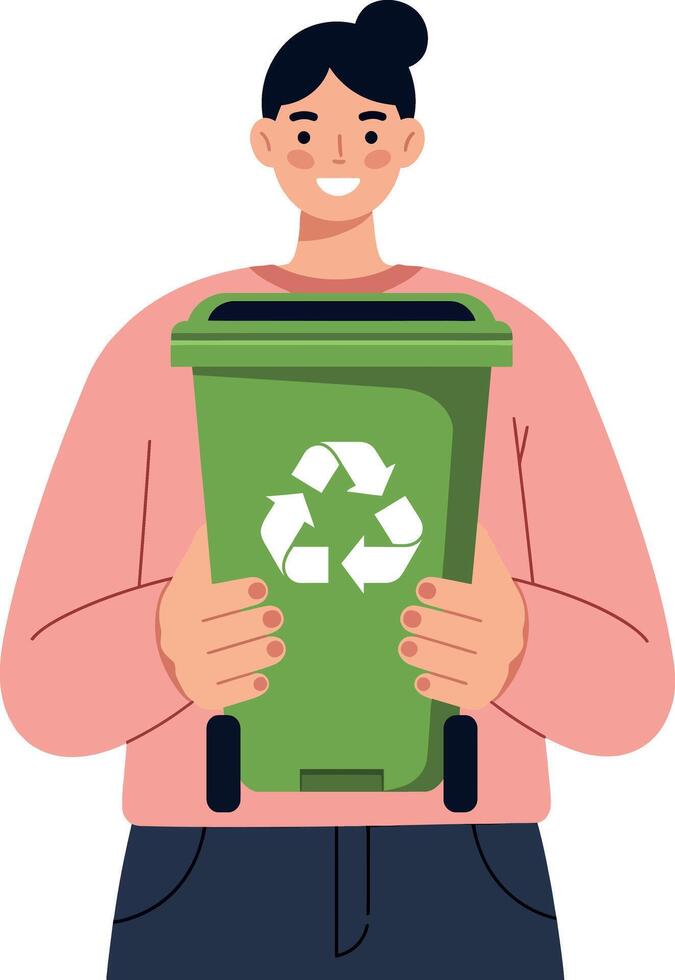 Person holding green recycling bin with cheerful expression in minimal illustration vector