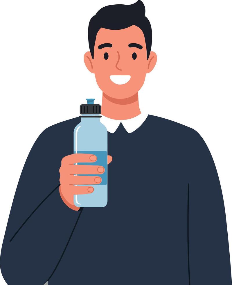 Young man holding a water bottle in a casual setting, flat illustration vector