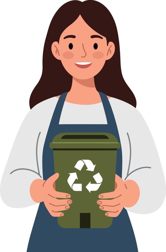 Woman holding green recycling bin with a smile in a minimal, flat design illustration vector