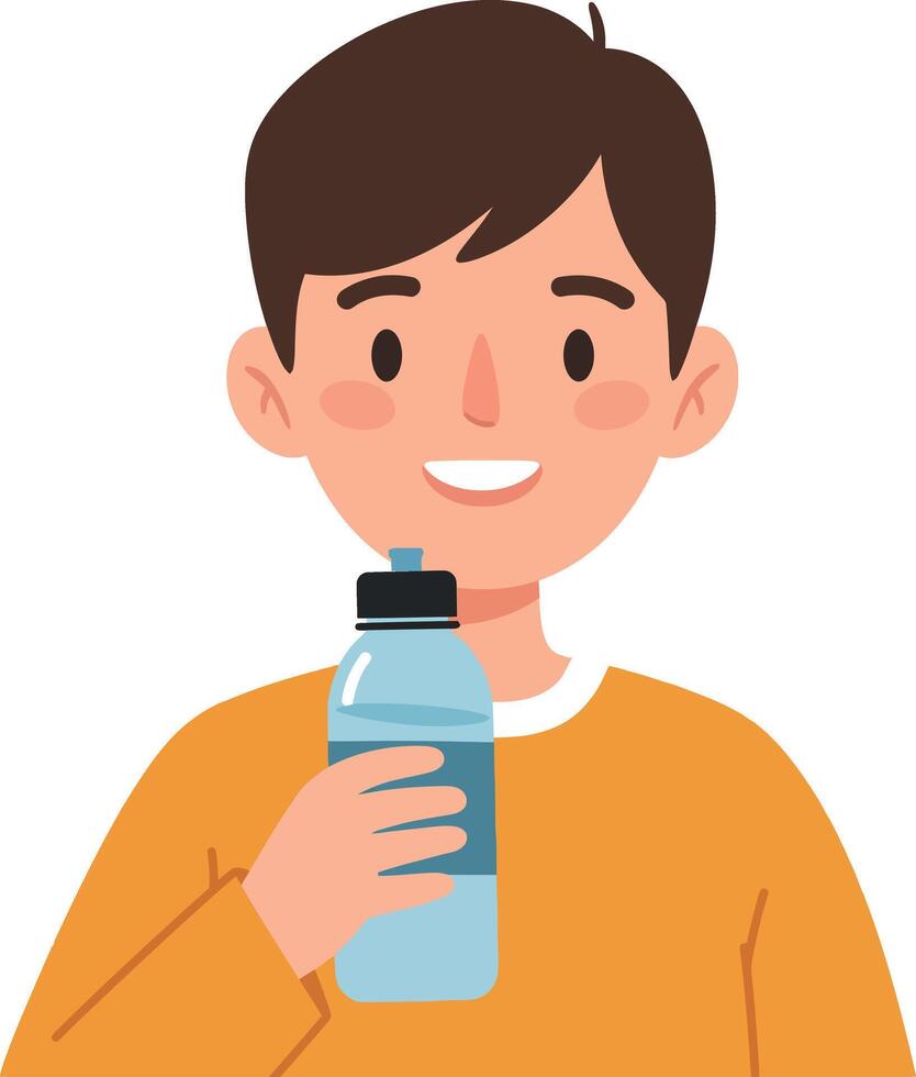 Cheerful young boy holding a water bottle in a bright orange sweater, flat illustration vector