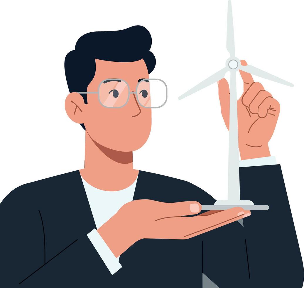 A man holding a small wind turbine model in a minimal design style showcasing renewable energy illustration vector