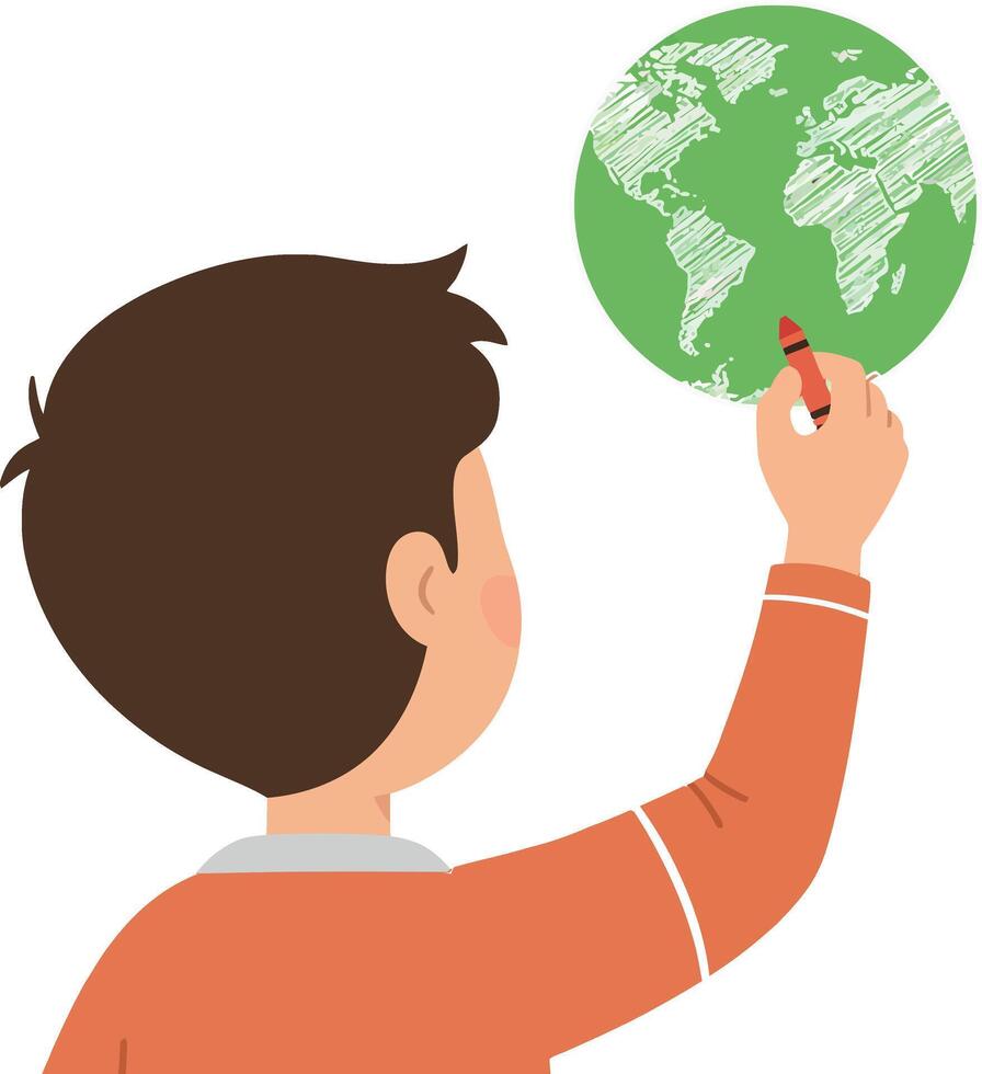 A child drawing on a green globe with a red marker in a flat illustration vector