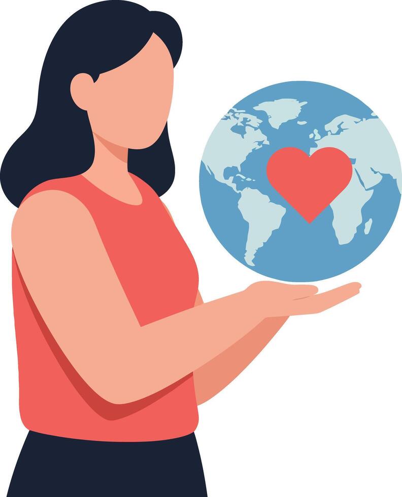 Woman holding a globe with a heart symbol in a flat illustration vector